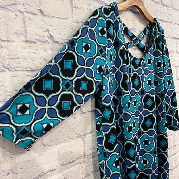 NY Collection Plus Size 1X Blue Green Shift Dress 3/4 Sleeves Stretchy Casual - Picture 4 of 7